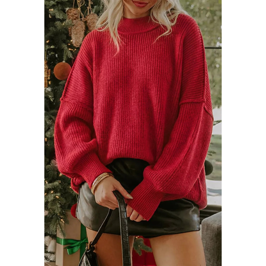 Long Sleeve Ribbed Knit Stand Neck Regular Fit Sweater Apparel and Accessories