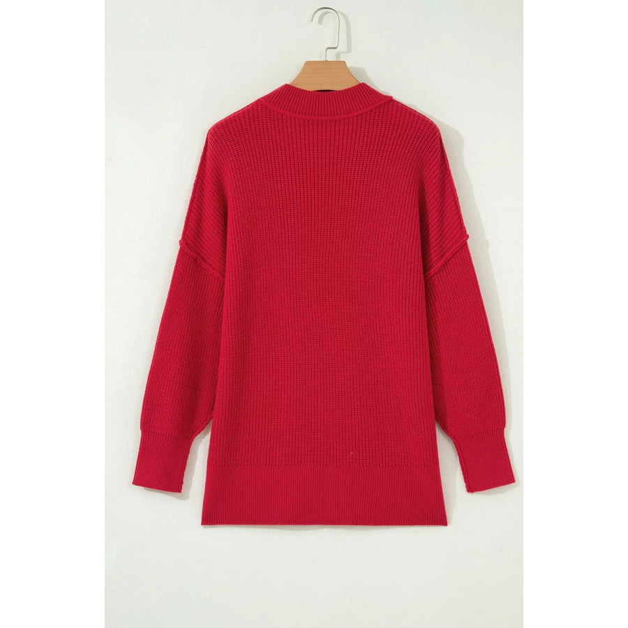 Long Sleeve Ribbed Knit Stand Neck Regular Fit Sweater Apparel and Accessories