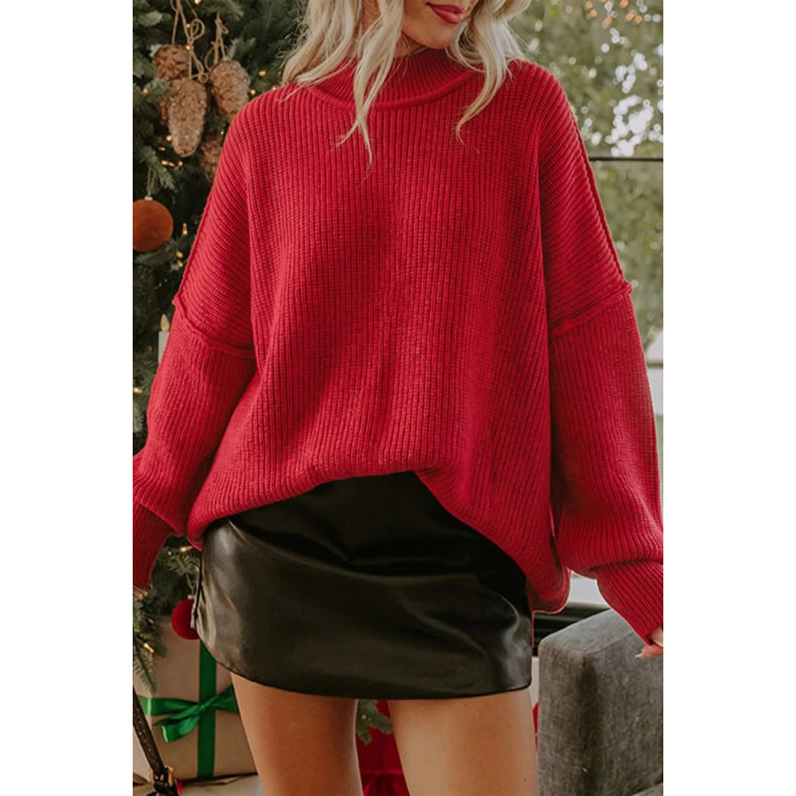 Long Sleeve Ribbed Knit Stand Neck Regular Fit Sweater Rust / S Apparel and Accessories