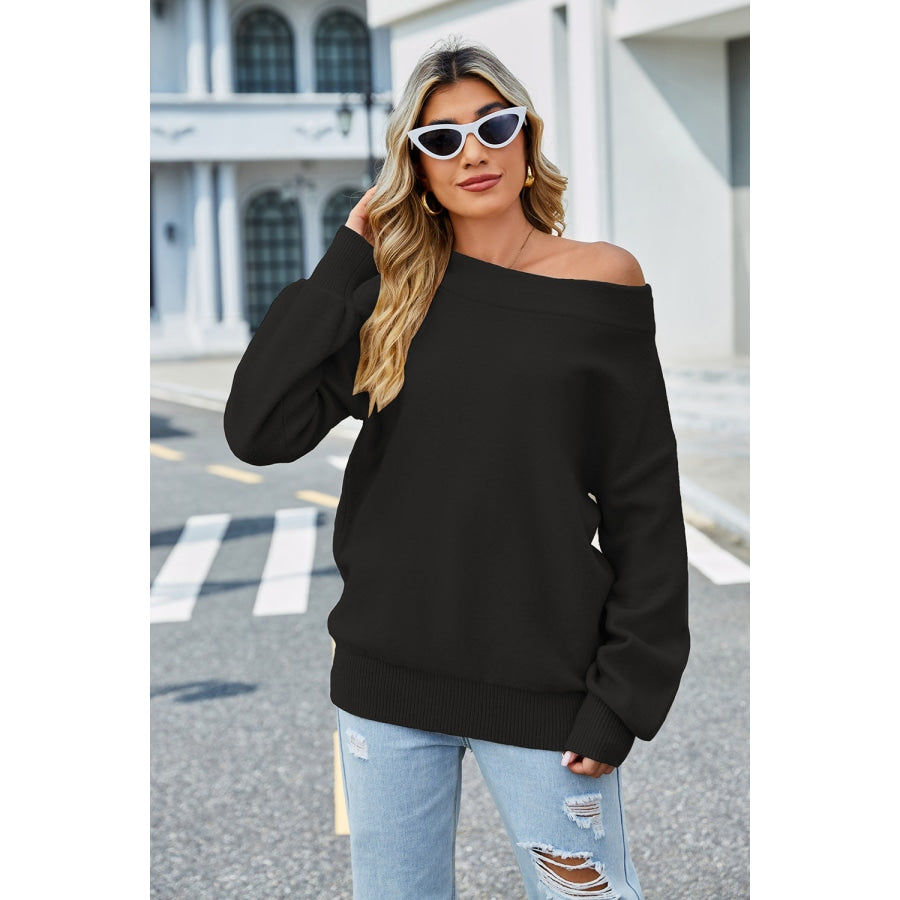 Long Sleeve Ribbed Trim Sweater Black / S