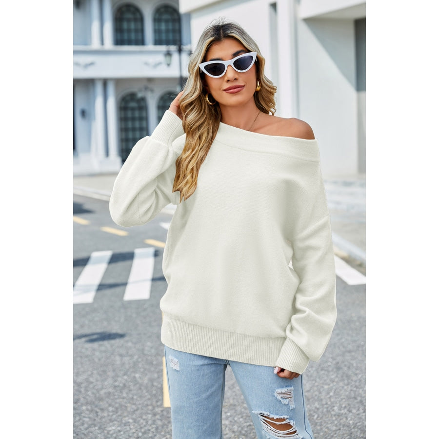 Long Sleeve Ribbed Trim Sweater White / S