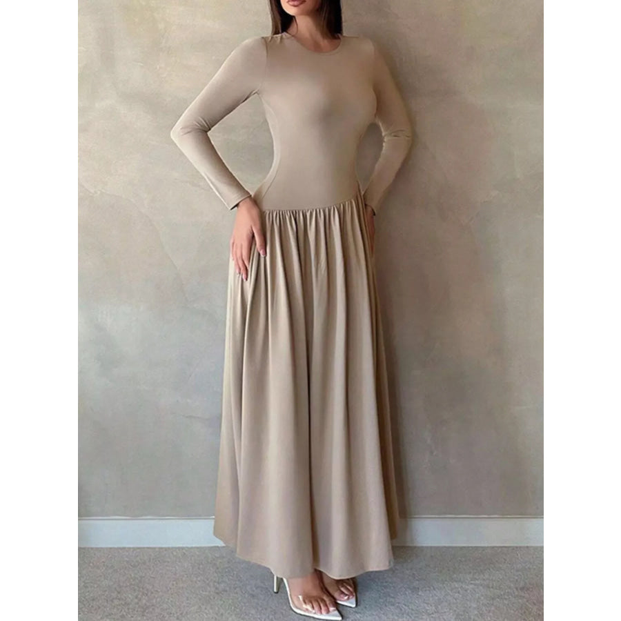 Long Sleeve Ruched A-Line Maxi Dress Apparel and Accessories