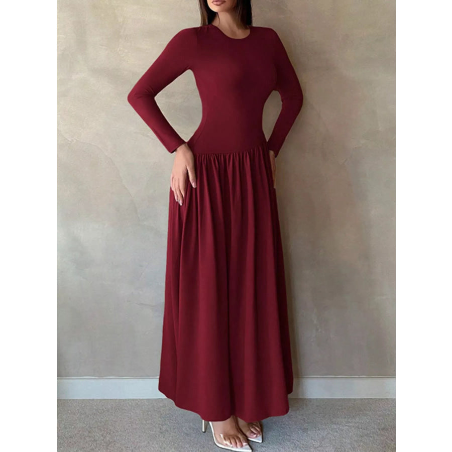 Long Sleeve Ruched A-Line Maxi Dress Apparel and Accessories