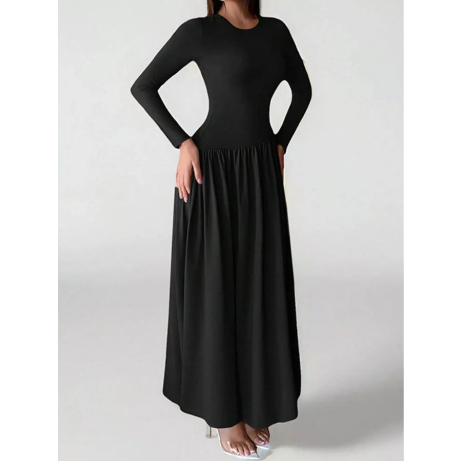 Long Sleeve Ruched A-Line Maxi Dress Black / S Apparel and Accessories