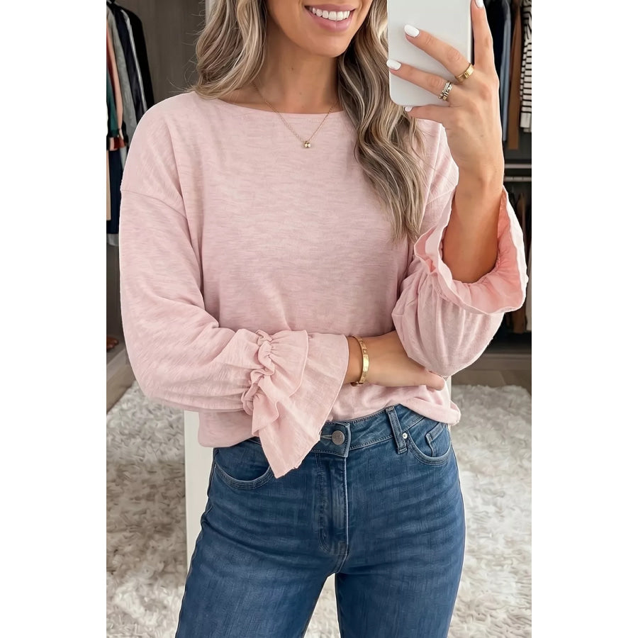Long Sleeve Ruffle Cuff Casual Elegant Top Dusty Pink / S Apparel and Accessories