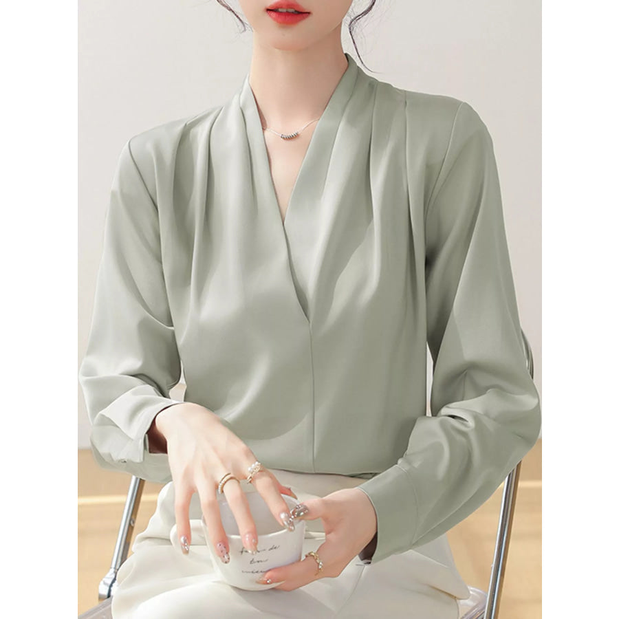 Long Sleeve Satin Blouse Light Green-Long / S Apparel and Accessories