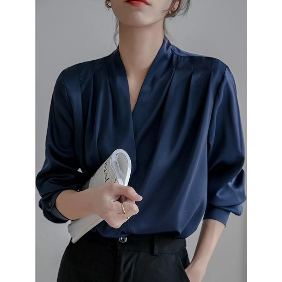 Long Sleeve Satin Blouse Navy-Long / S Apparel and Accessories
