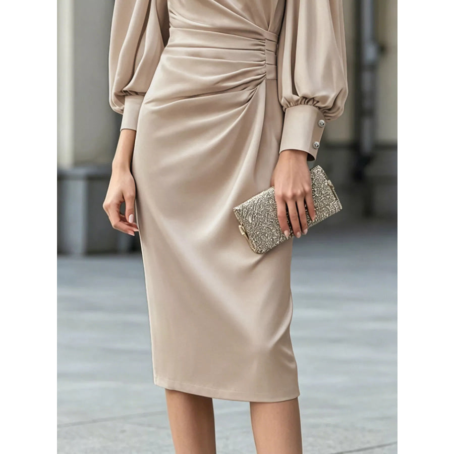 Long Sleeve Satin Ruched Midi Dress Apparel and Accessories