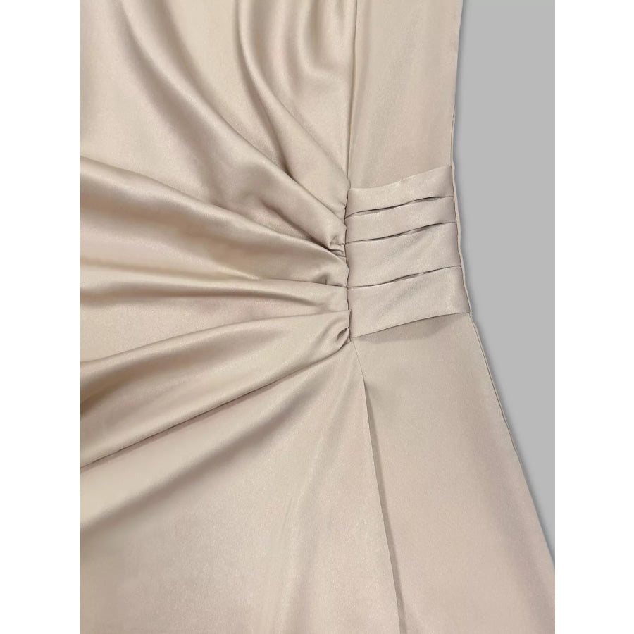 Long Sleeve Satin Ruched Midi Dress Apparel and Accessories