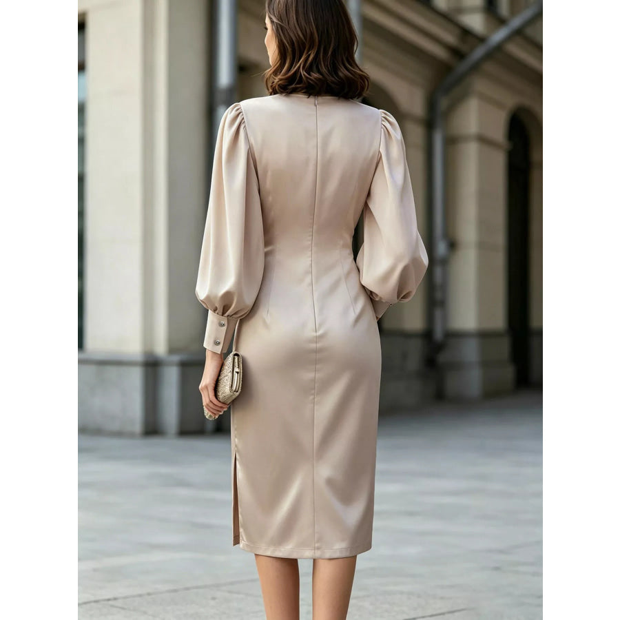 Long Sleeve Satin Ruched Midi Dress Apparel and Accessories