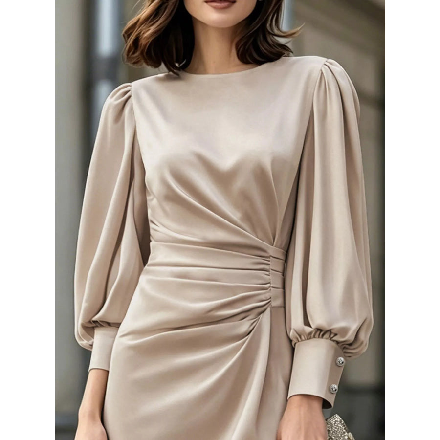 Long Sleeve Satin Ruched Midi Dress Apparel and Accessories