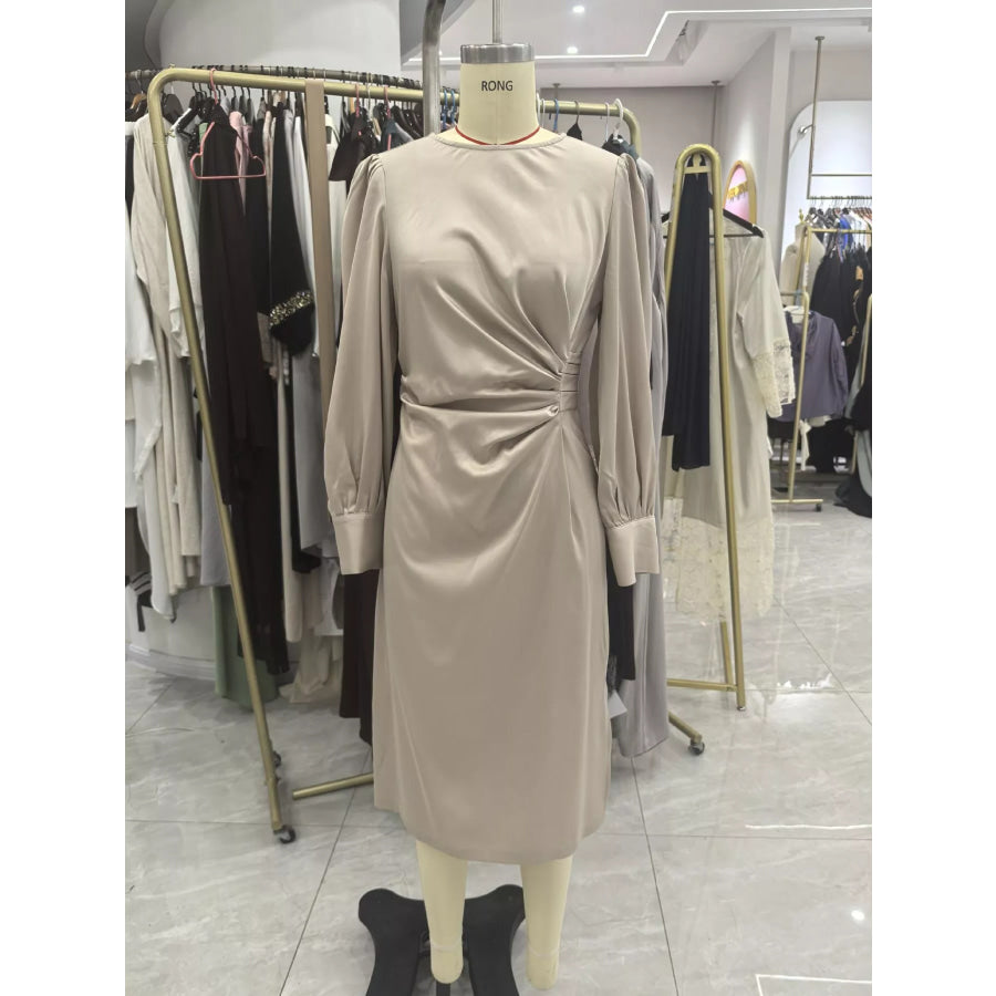 Long Sleeve Satin Ruched Midi Dress Apparel and Accessories