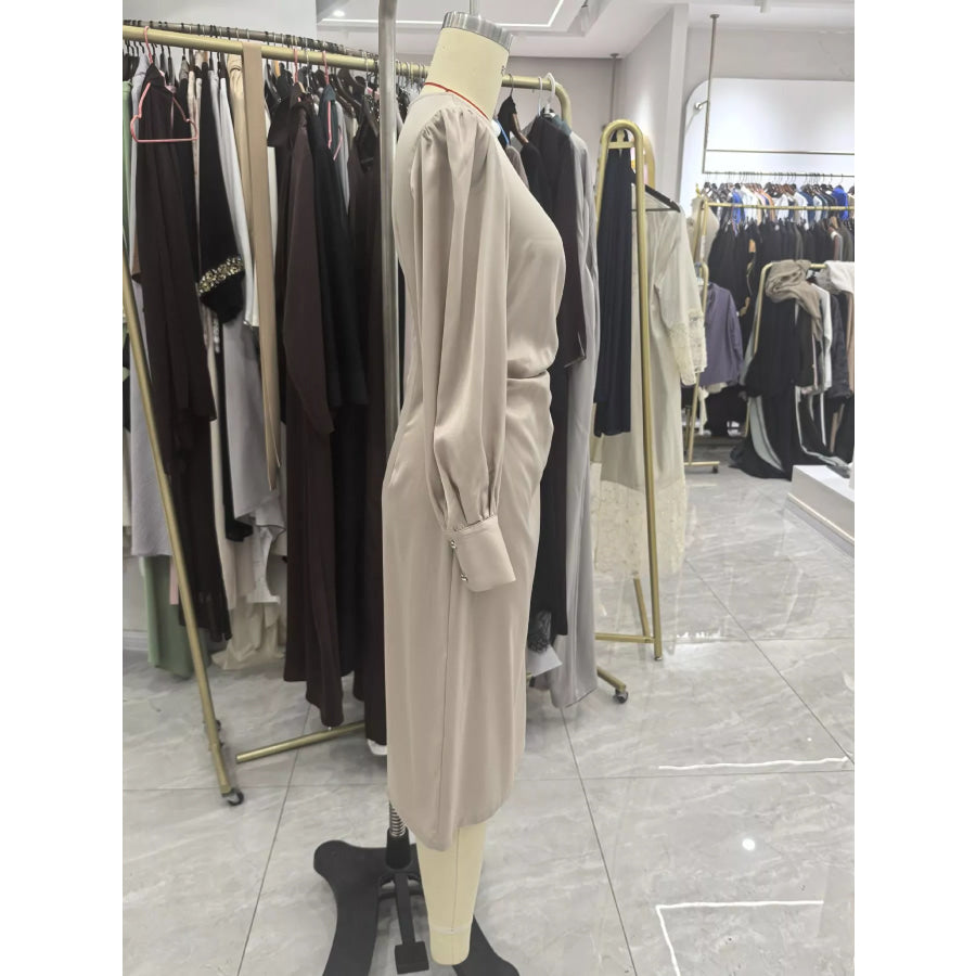 Long Sleeve Satin Ruched Midi Dress Apparel and Accessories
