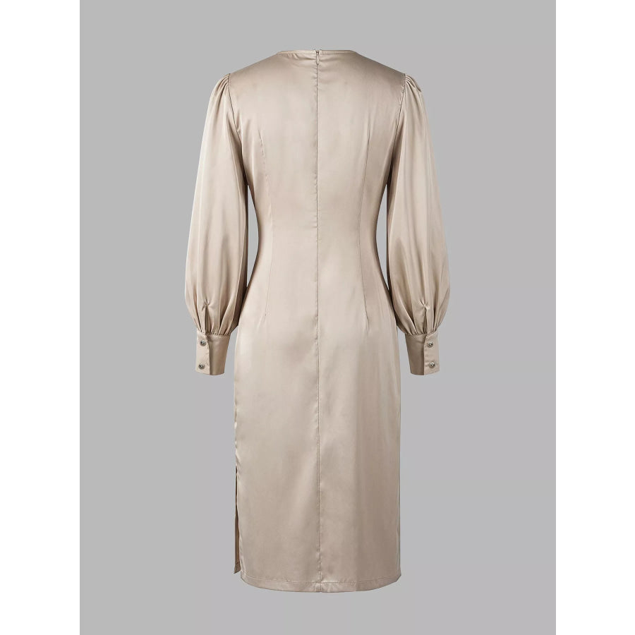 Long Sleeve Satin Ruched Midi Dress Apparel and Accessories