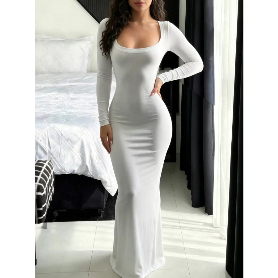 Long Sleeve Scoop Neck Maxi Dress White / S Apparel and Accessories