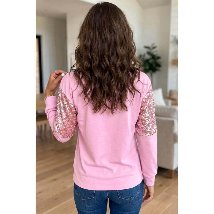 Long Sleeve Sequin Round Neck Pullover Top Apparel and Accessories