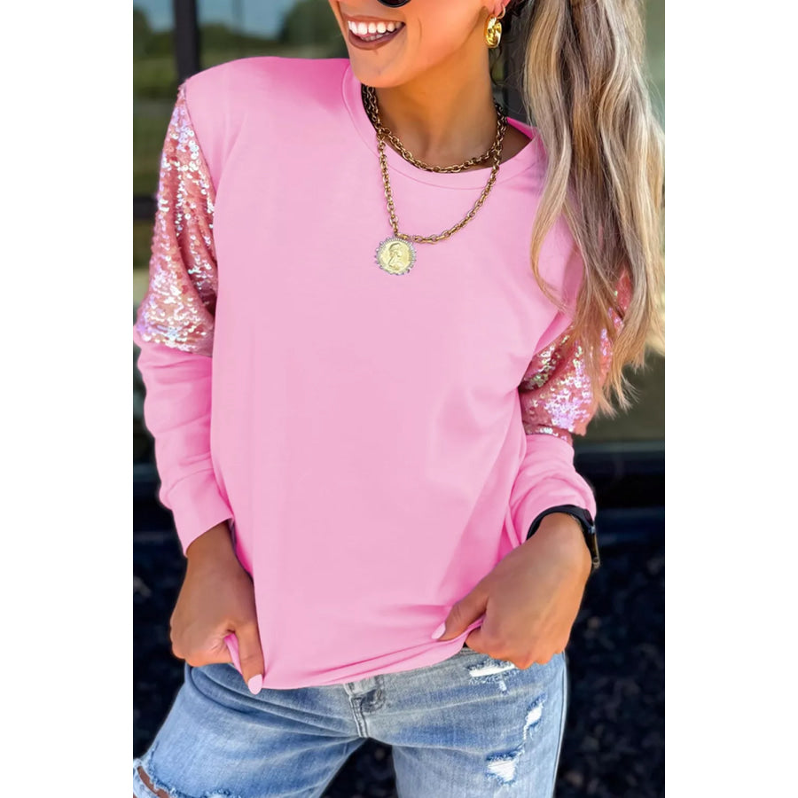 Long Sleeve Sequin Round Neck Pullover Top Apparel and Accessories