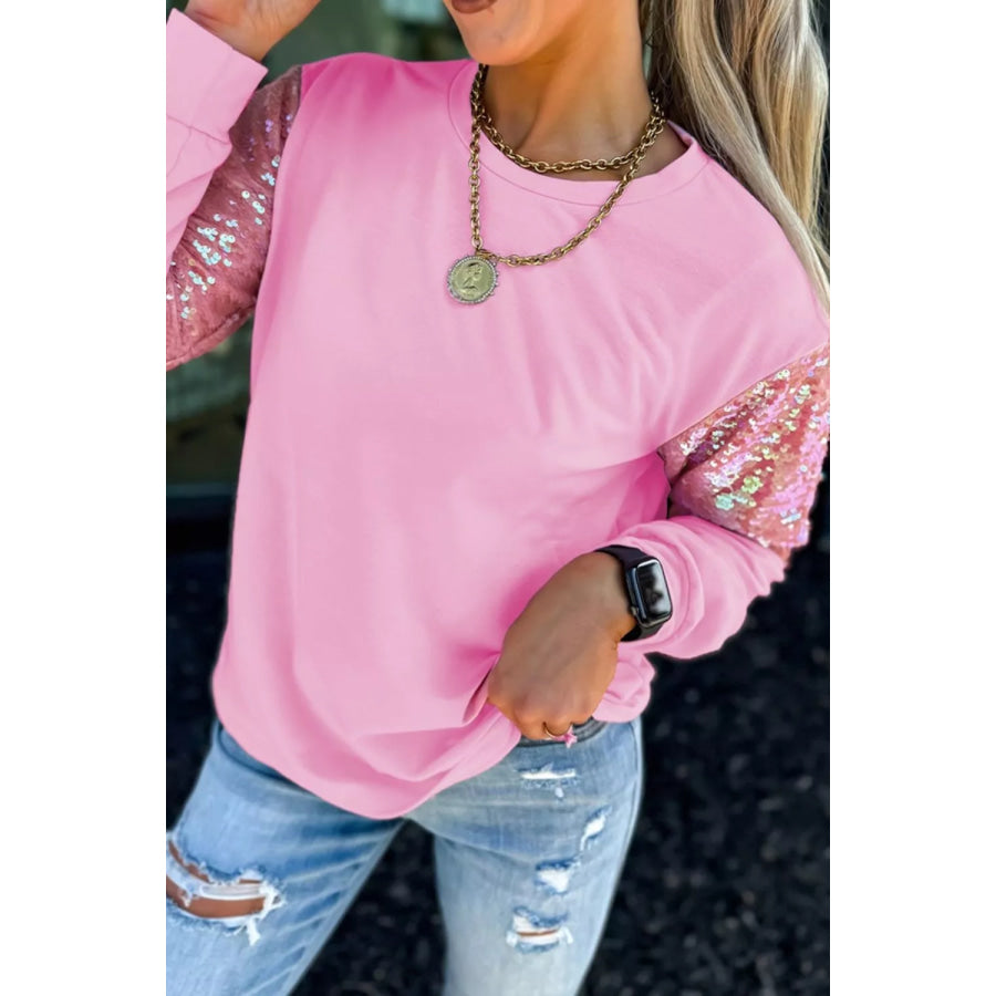 Long Sleeve Sequin Round Neck Pullover Top Pink / S Apparel and Accessories