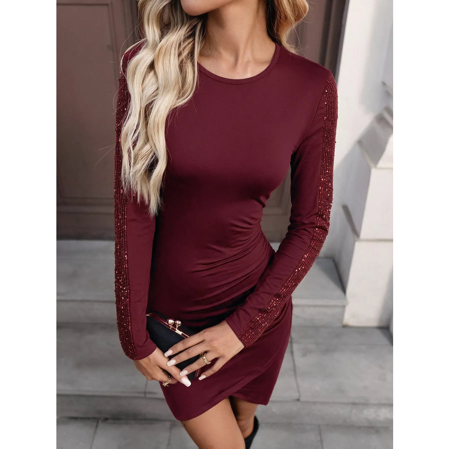 Long-Sleeve Sequin-Trimmed Bodycon Dress Burgundy / S Apparel and Accessories