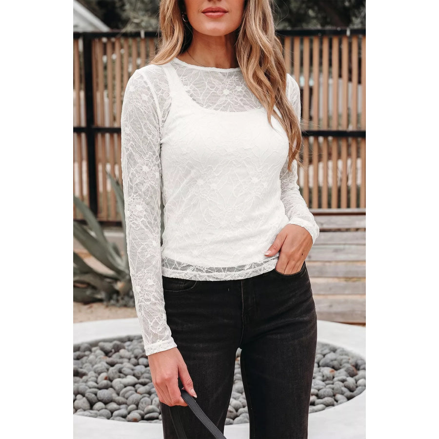 Long Sleeve Sheer Mesh Lace Top White / S Apparel and Accessories