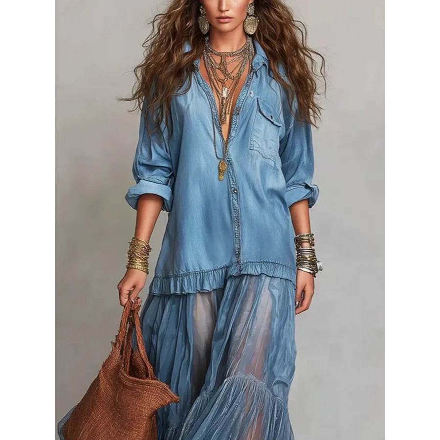 Long Sleeve Sheer Ruffle Maxi Dress Apparel and Accessories