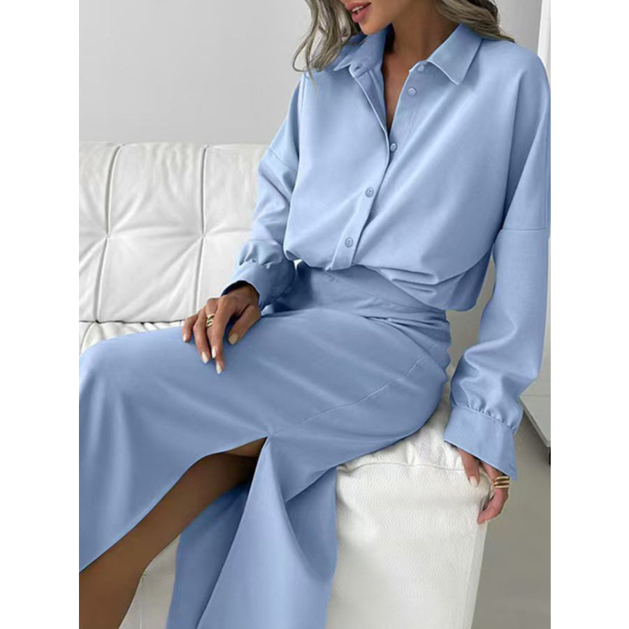 Long Sleeve Shirt and Slit Midi Skirt Set Apparel and Accessories