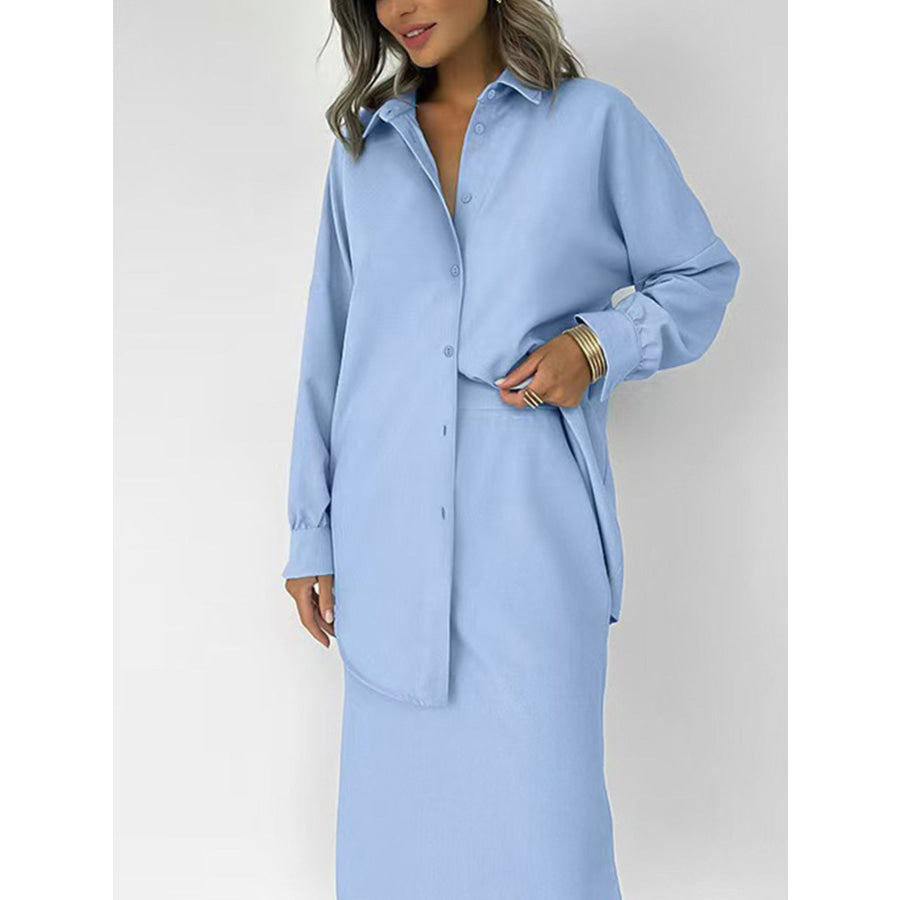Long Sleeve Shirt and Slit Midi Skirt Set Apparel and Accessories