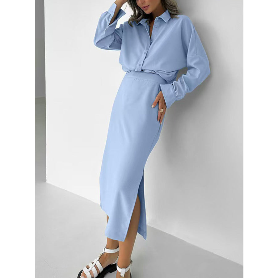 Long Sleeve Shirt and Slit Midi Skirt Set Light Blue / S Apparel and Accessories