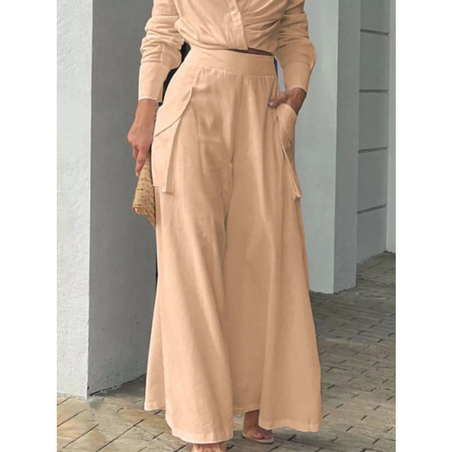Long Sleeve Shirt and Wide Leg Pants Set Apparel and Accessories