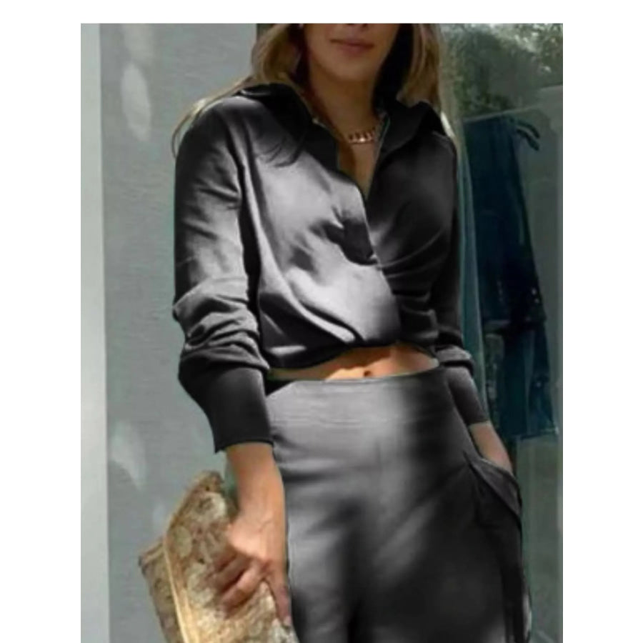 Long Sleeve Shirt and Wide Leg Pants Set Apparel and Accessories