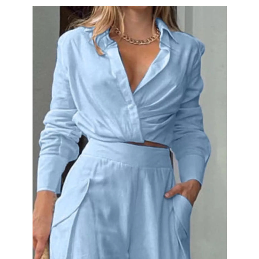 Long Sleeve Shirt and Wide Leg Pants Set Apparel and Accessories