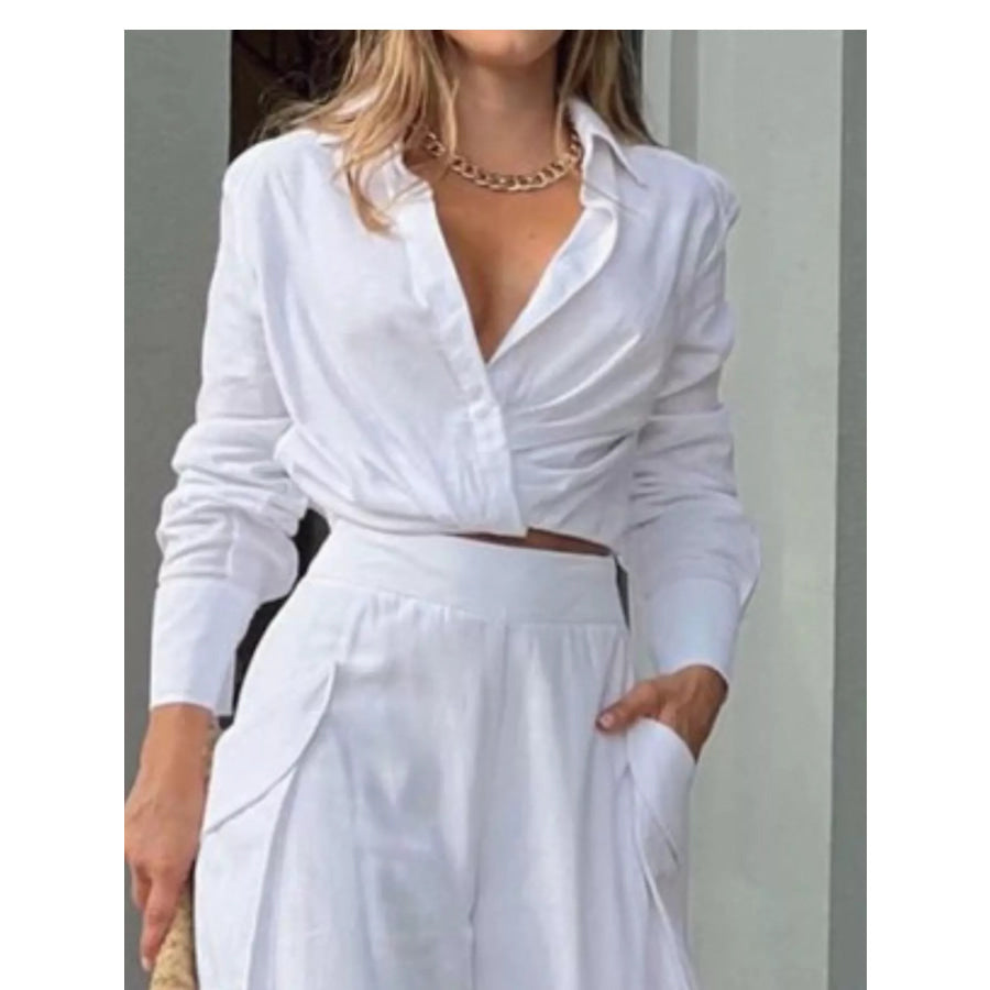 Long Sleeve Shirt and Wide Leg Pants Set Apparel and Accessories
