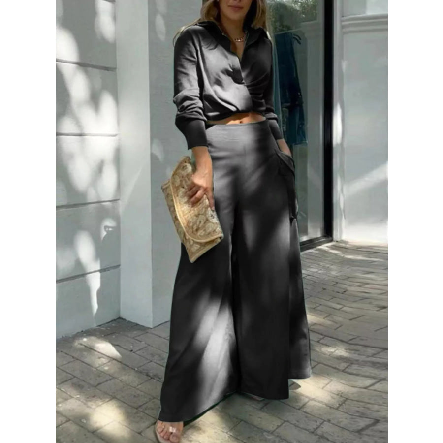 Long Sleeve Shirt and Wide Leg Pants Set Black / S Apparel and Accessories