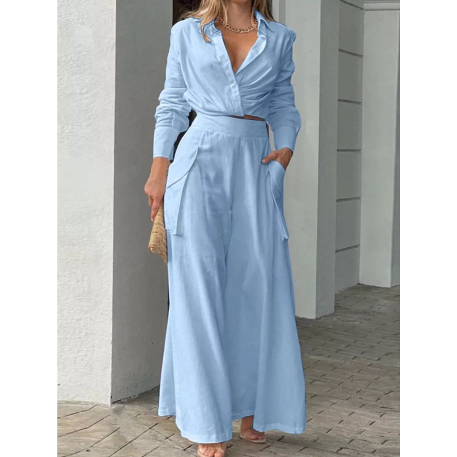 Long Sleeve Shirt and Wide Leg Pants Set Light Blue / S Apparel and Accessories
