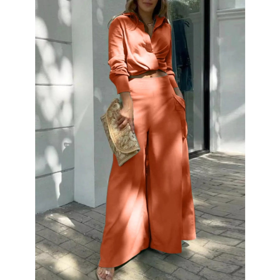 Long Sleeve Shirt and Wide Leg Pants Set Ochre / S Apparel and Accessories