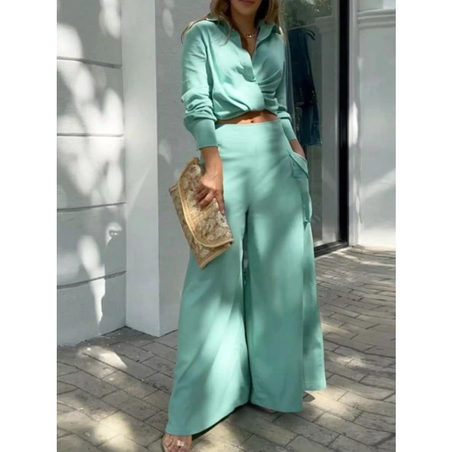 Long Sleeve Shirt and Wide Leg Pants Set Teal / S Apparel and Accessories
