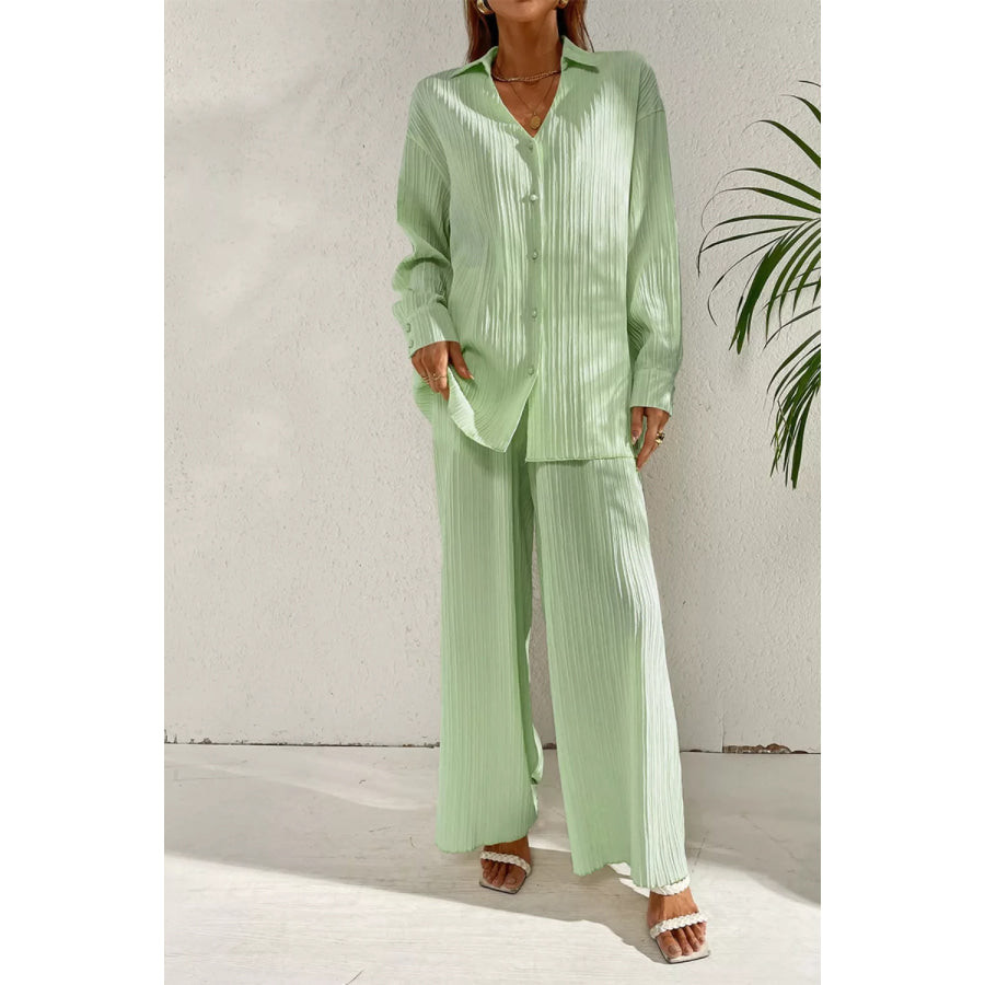 Long Sleeve Shirt & Wide Leg Pants Set Apparel and Accessories