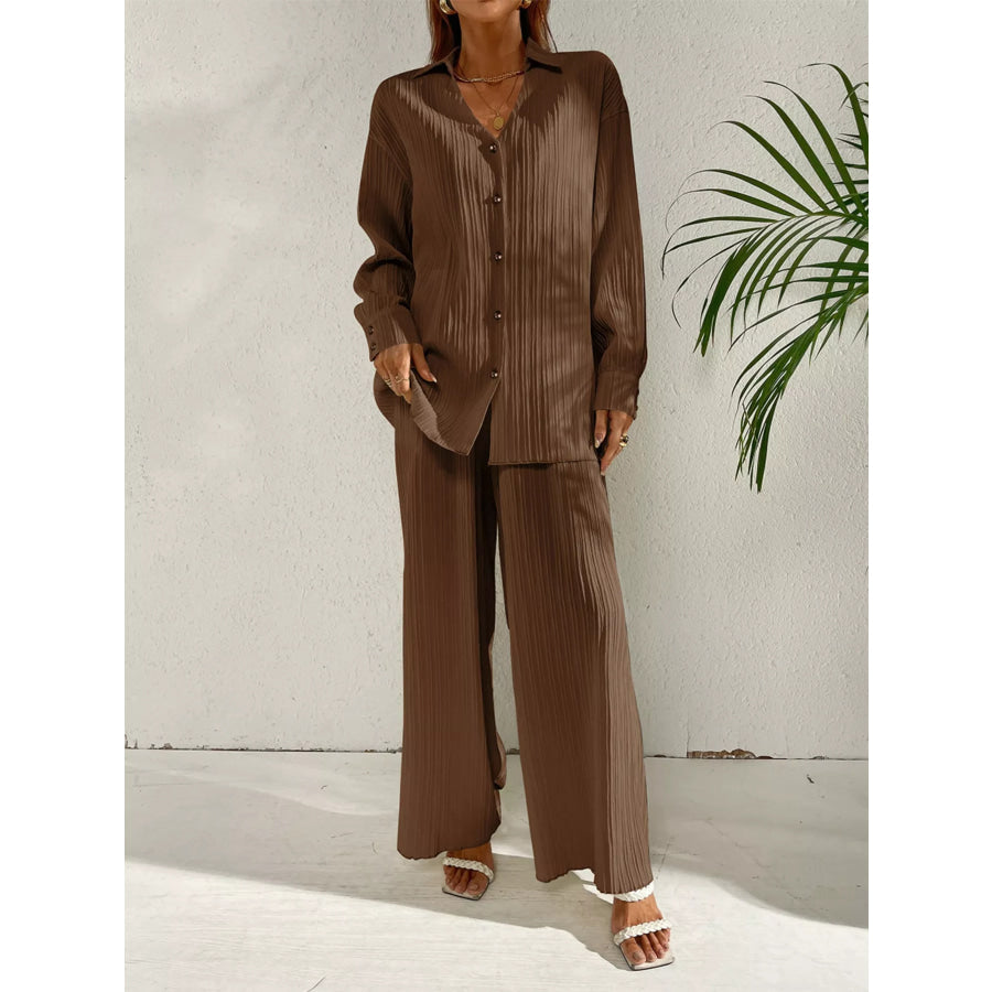 Long Sleeve Shirt & Wide Leg Pants Set Apparel and Accessories