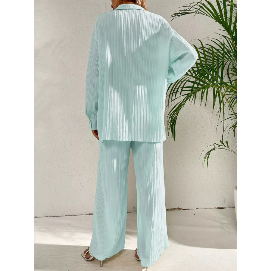 Long Sleeve Shirt & Wide Leg Pants Set Apparel and Accessories
