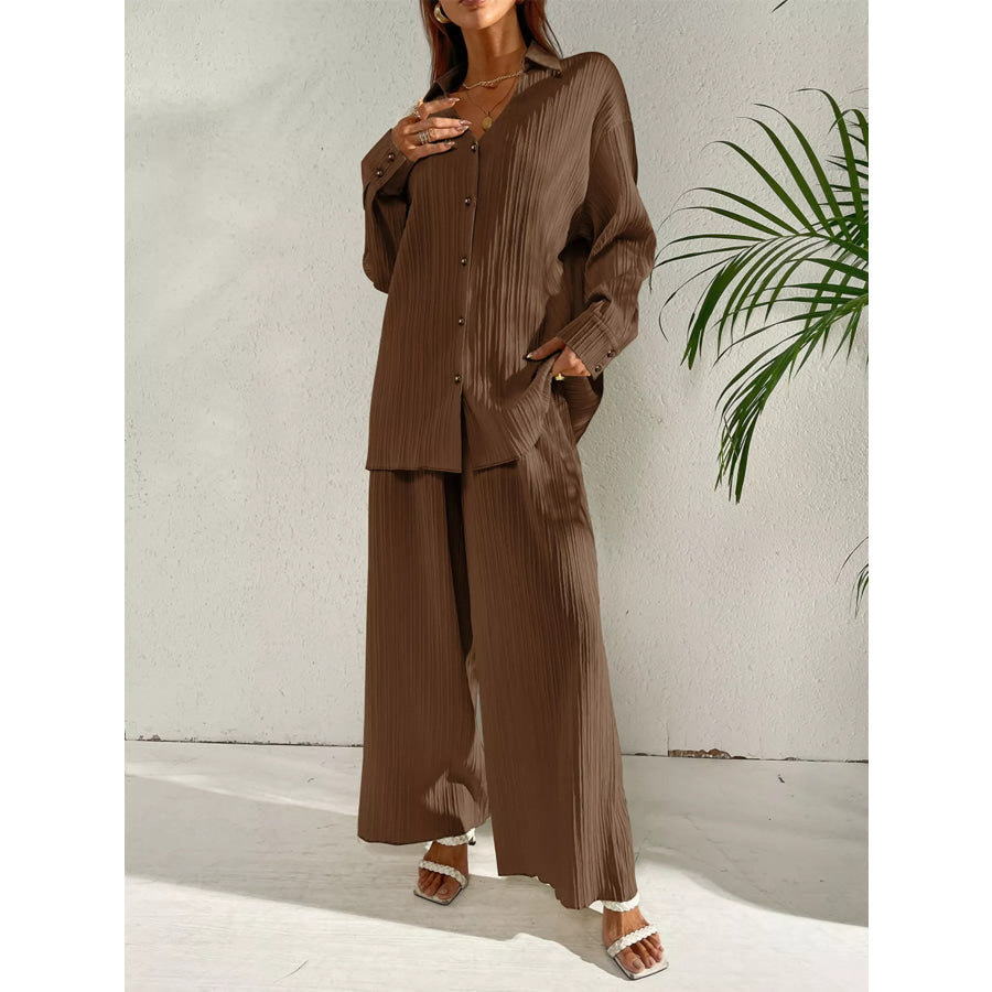 Long Sleeve Shirt & Wide Leg Pants Set Apparel and Accessories