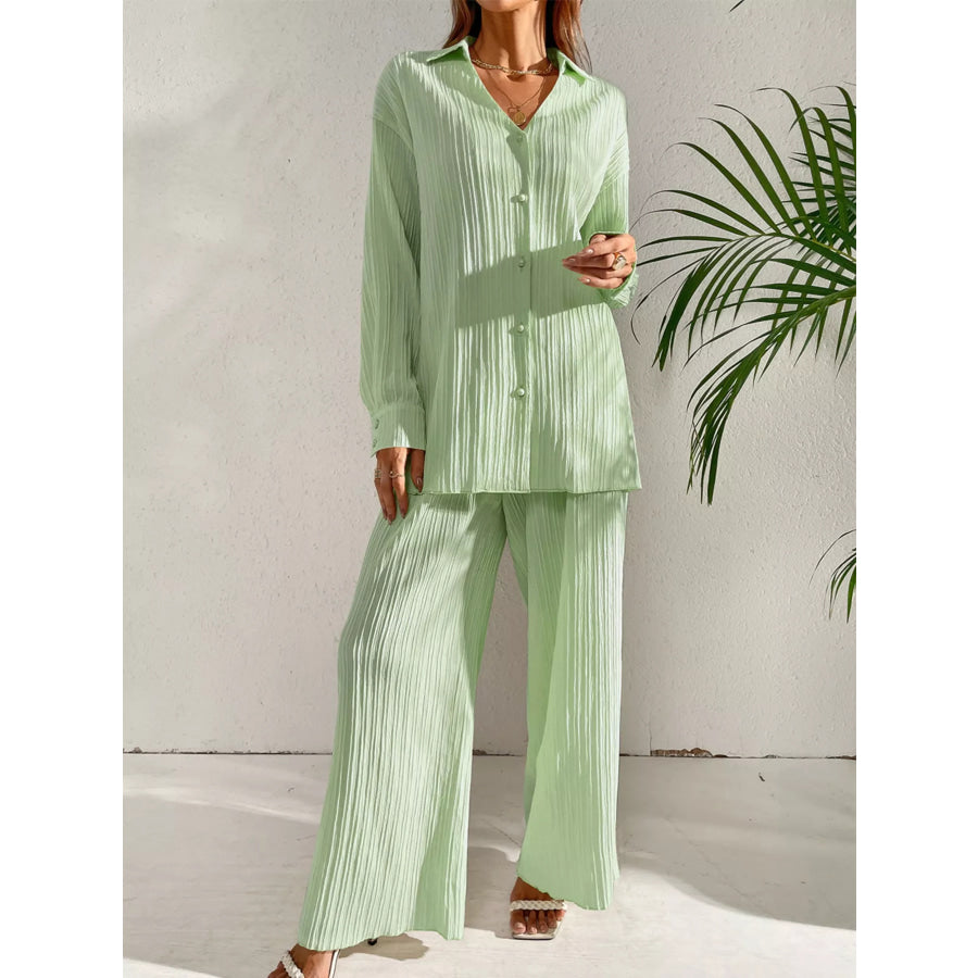 Long Sleeve Shirt & Wide Leg Pants Set Apparel and Accessories