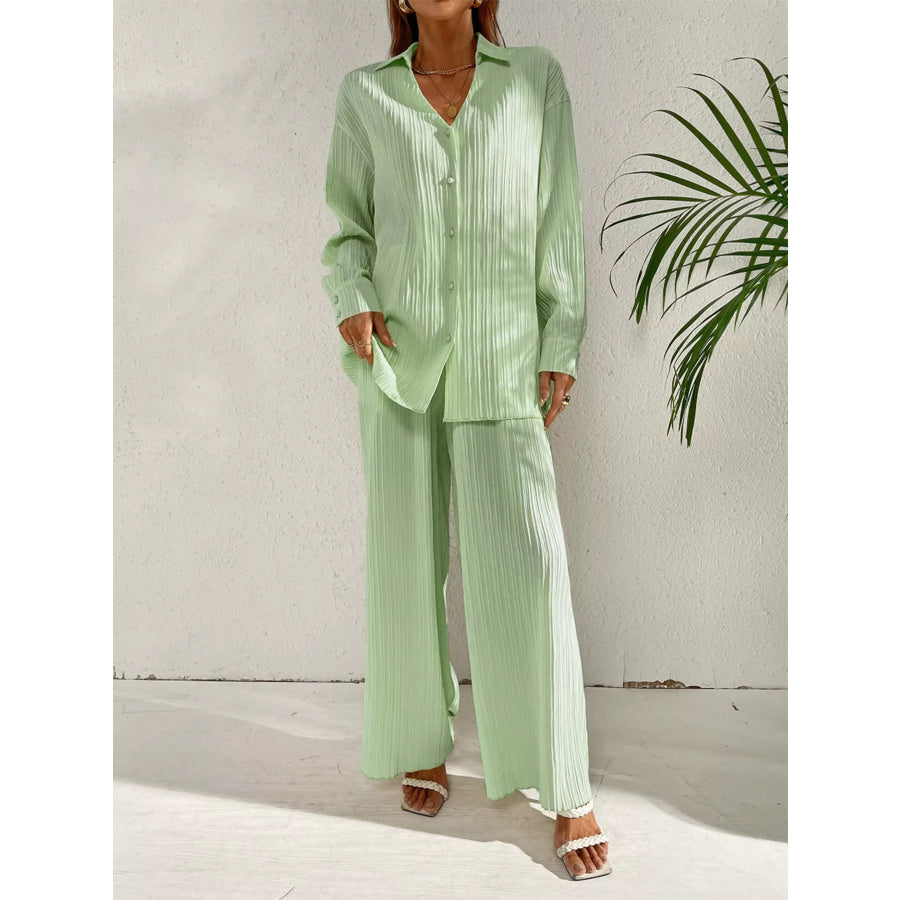 Long Sleeve Shirt & Wide Leg Pants Set Apparel and Accessories