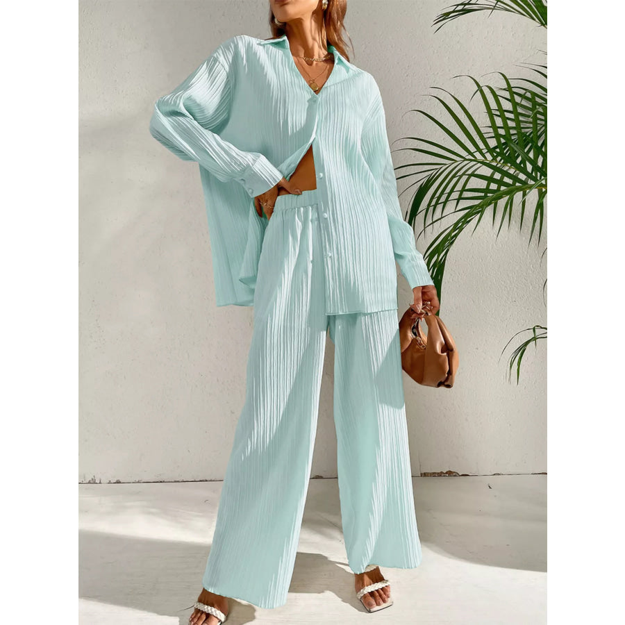 Long Sleeve Shirt & Wide Leg Pants Set Apparel and Accessories