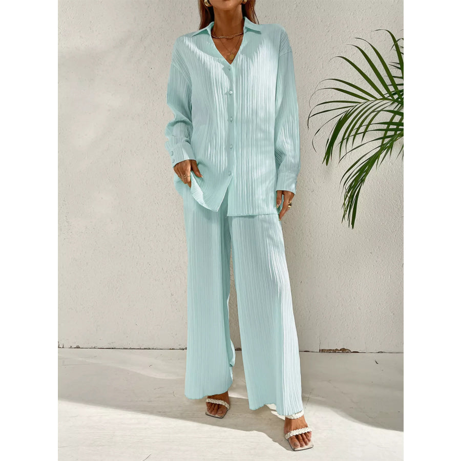 Long Sleeve Shirt & Wide Leg Pants Set Apparel and Accessories