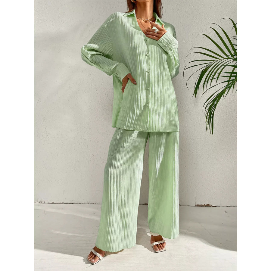 Long Sleeve Shirt & Wide Leg Pants Set Apparel and Accessories