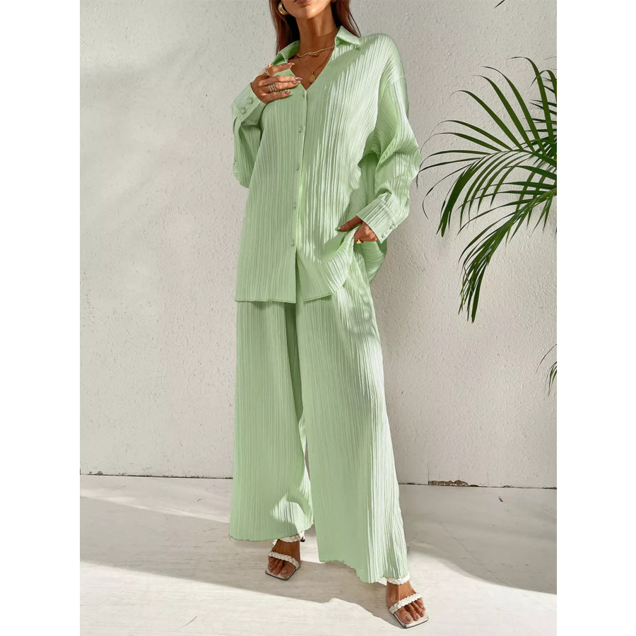 Long Sleeve Shirt & Wide Leg Pants Set Apparel and Accessories