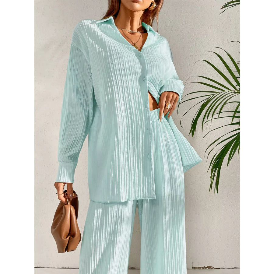 Long Sleeve Shirt & Wide Leg Pants Set Apparel and Accessories