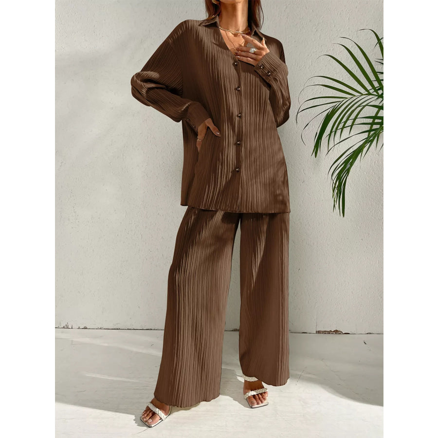 Long Sleeve Shirt & Wide Leg Pants Set Apparel and Accessories