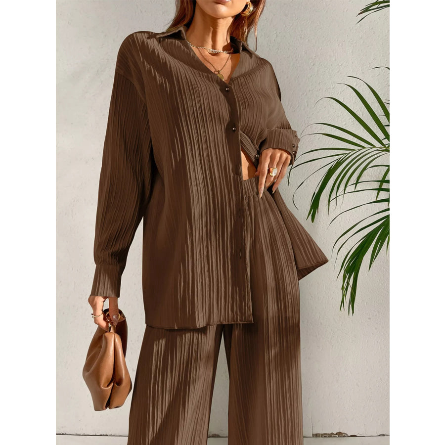 Long Sleeve Shirt & Wide Leg Pants Set Apparel and Accessories
