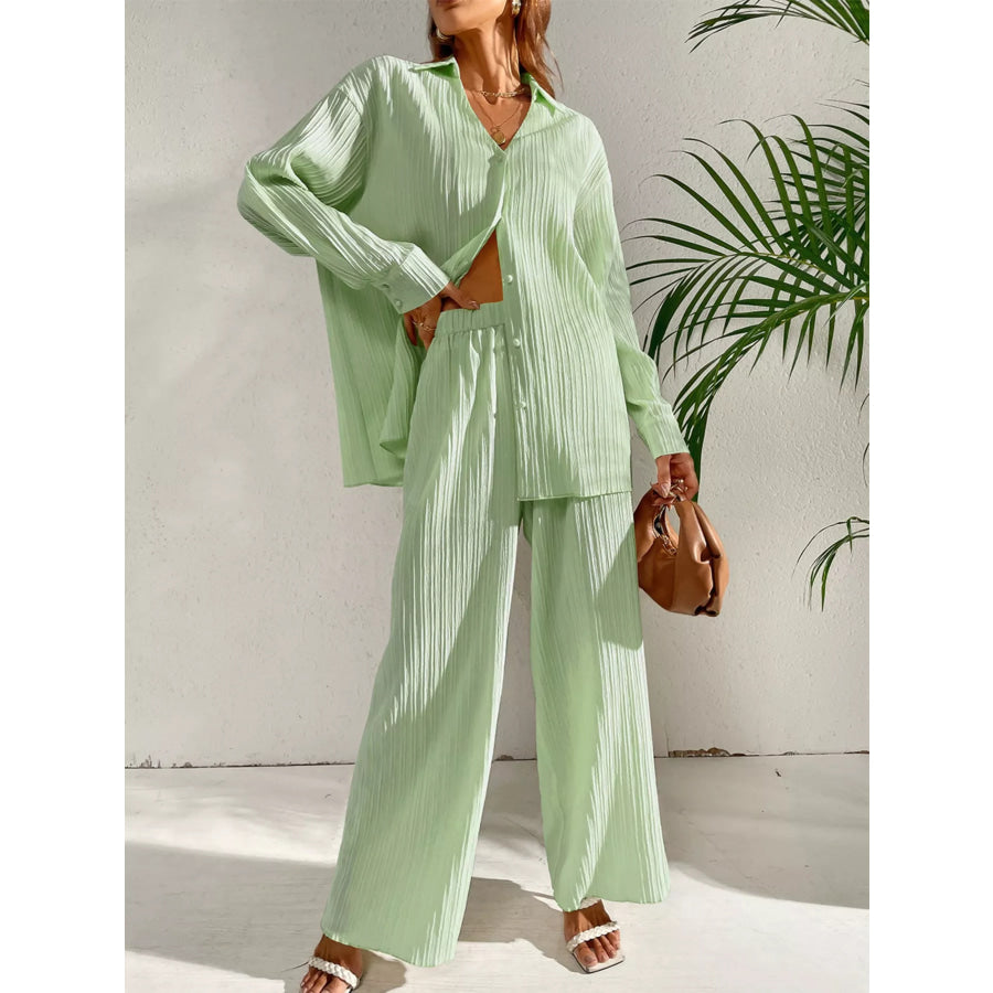 Long Sleeve Shirt & Wide Leg Pants Set Apparel and Accessories